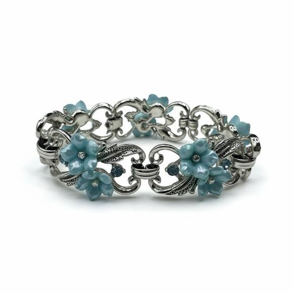 VTG Signed Star Blue Thermoset Floral & Blue Rhinestone Silver Tone Bracelet - Picture 1 of 9
